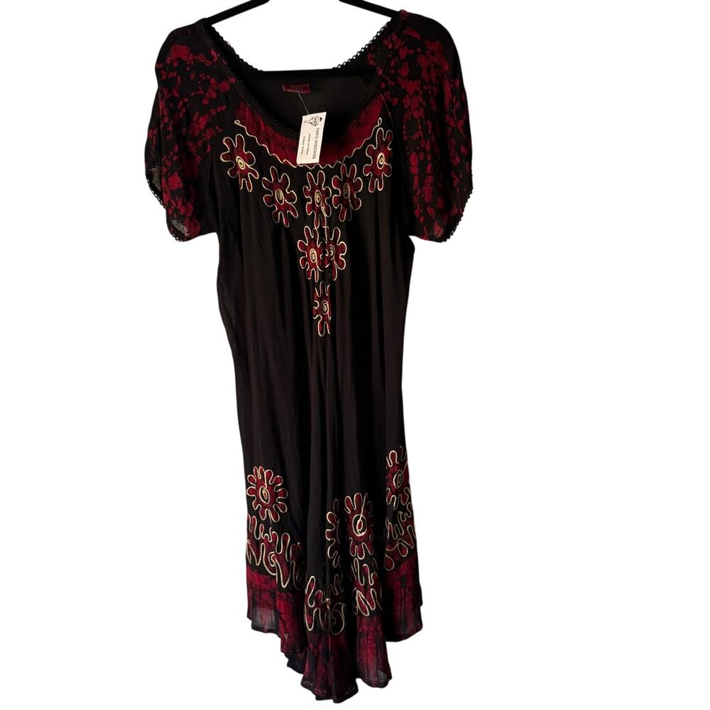 Star India Black Red Embroidered Floral Boho Handkerchief Hem Dress One size NWT